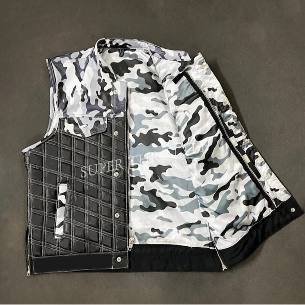 Mens Camo Leather Double Padded Stitched Leather Motorcycle ConcealedCarry Vest